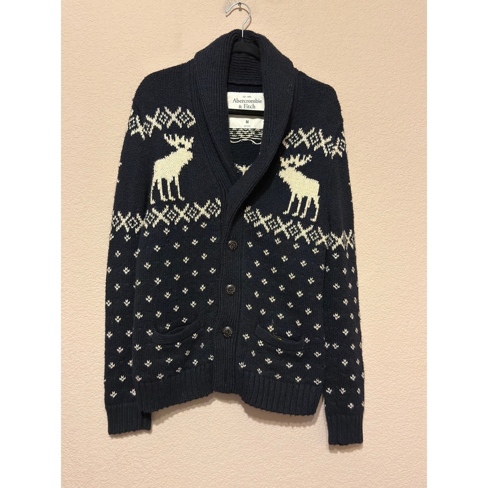 Abercrombie & Fitch Navy Blue Moose Fair Isle Shawl Collar Cardigan Sweater M